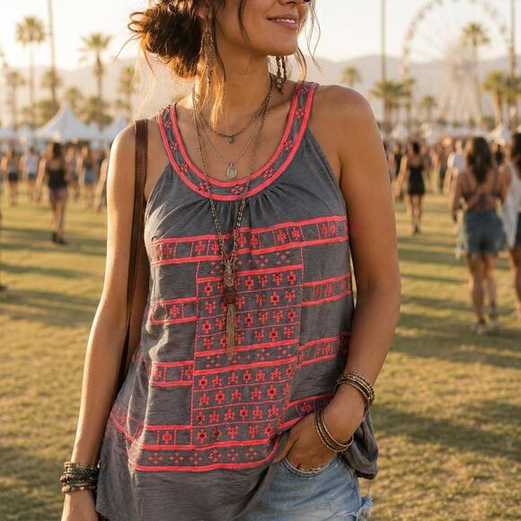 Sundance Tops - Sundance Gray Linen Embroidered Tank Top Neon Coral Boho Festival Tunic